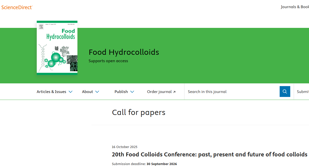 IF=12.4！征稿 | Food Hydrocolloids: 20th Food Colloids Conference: past, present and future of food colloids