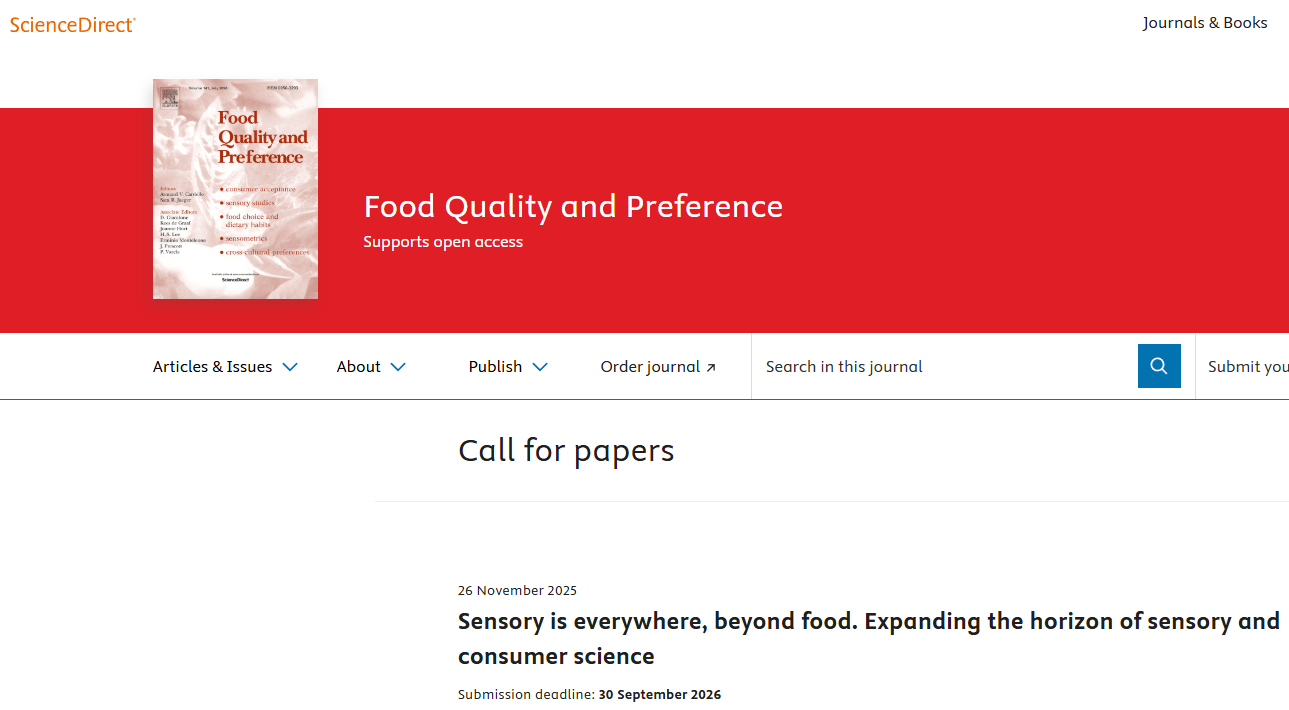 IF=4.9！征稿 | Food Quality and Preference: Sensory is everywhere, beyond food. Expanding the horizon of sensory and consumer science